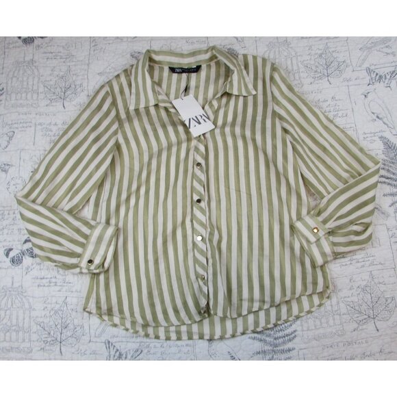 NEW Zara Flowy Striped Long Sleeve Gold Buttons Shirt Ecru/Green womens Size XS - Picture 6 of 8